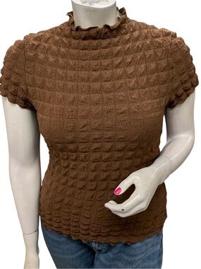 Almost Famous Brown Textured Ruffled Mock Neck Top Size XL